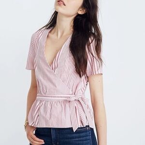Madewell Ruffle-Hem Wrap Top in Stripe Mix Deep Crimson | Size XS